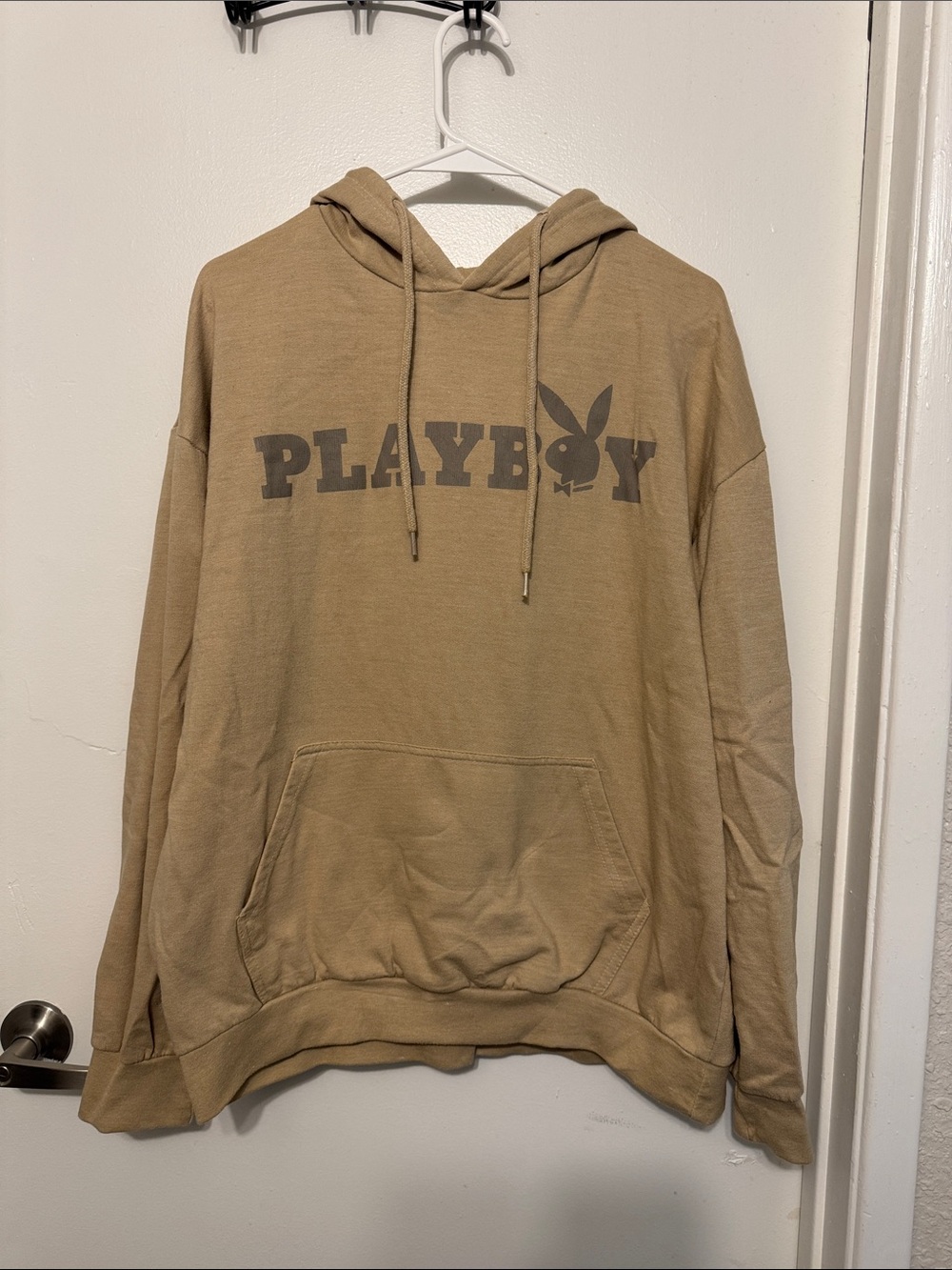 PLAYBOY Men's Crewneck Hoodie in Tan with Gray Logo